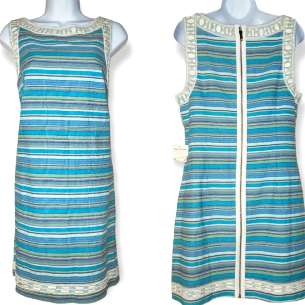 NWT Free People New Romantics blue striped Ocean Breeze beaded shift dress 12